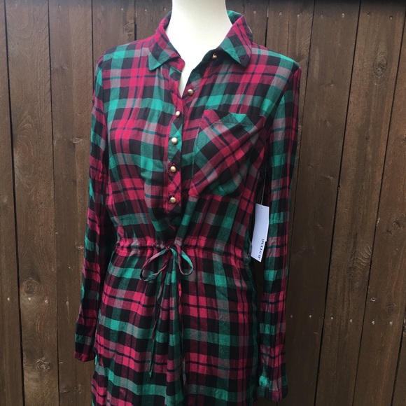 Just Fab | Red/Green Button Down Tie Tunic/Dress - Picture 3 of 8